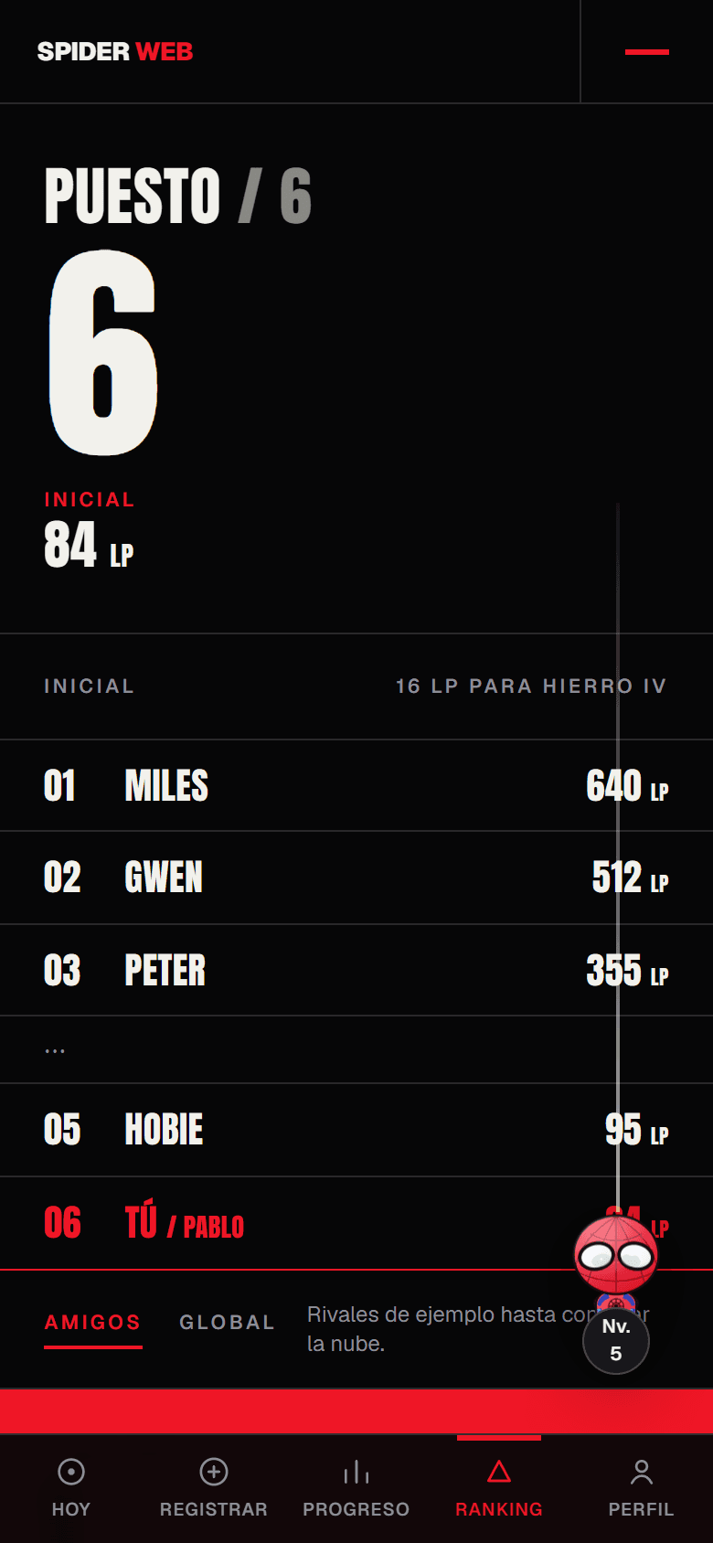 Pantalla Ranking: puesto 6, liga Inicial con 90 LP y clasificación de amigos