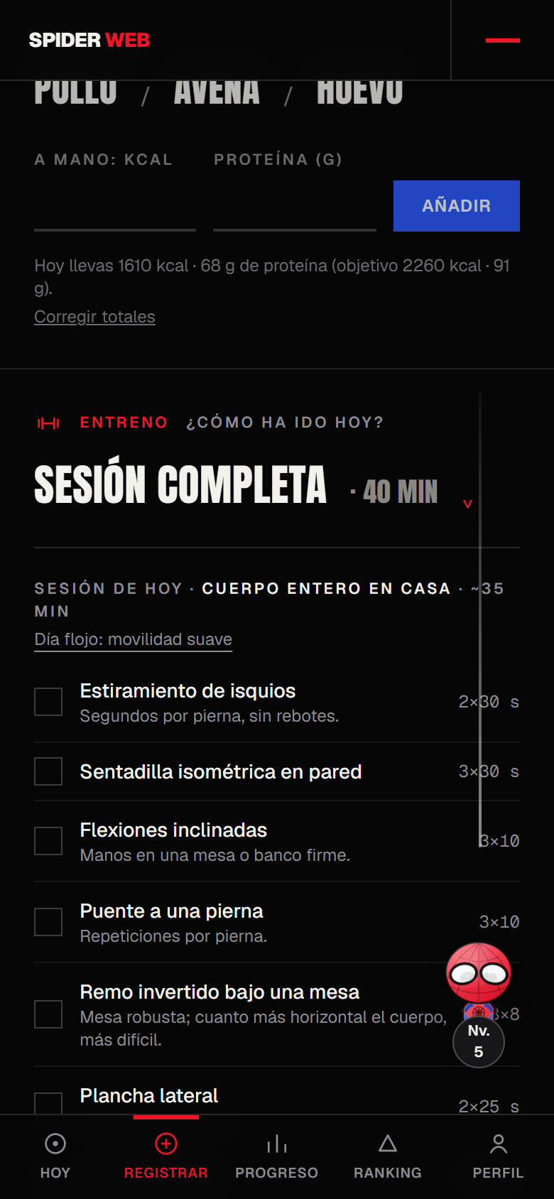 Pantalla Registrar: sesión de entrenamiento generada con siete ejercicios y sus dosis